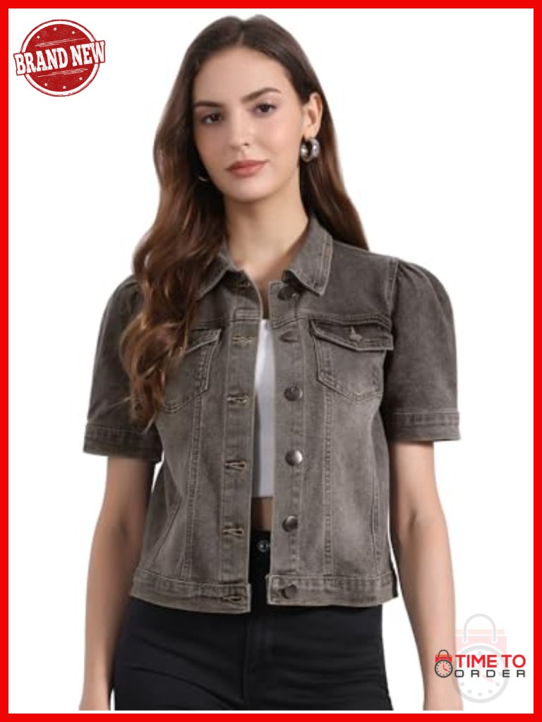 Short Puff Sleeve Denim Jean Jacket Button Down